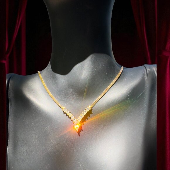 Vintage Christian Dior Gold-Tone Necklace With V-Shape Crystal Accents & Adjusta - Picture 6 of 9